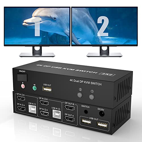 DisplayPort KVM Switch 2 Monitore 4K@60Hz DisplayPort Splitter, DP 1.2 KVM Switch 2 in 2 Out mit Audio Mikrofon Ausgang und 3 USB 2.0 Hub, PC 2 Monitore Tastatur Maus Switcher von Rytaki