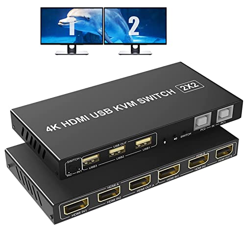 Dual Monitor HDMI KVM Switch, 2 PC 2 Monitor Switch 4K@60Hz, Extended Display HDMI KVM Switch Dual Monitor 2 in 2 Out mit USB und Audio Port, 2 Ports HDMI KVM Switch mit Controller, 2x Typ B Kabel von Rytaki