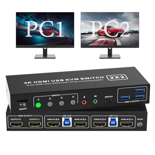 HDMI KVM Switch 2 Computer 2 Monitore 4K@60Hz, USB 3.0 KVM Umschalter Dual Monitore Mit EDID-Funktion, mit Audio Ausgang und 3 USB 3.0-Anschlüsse, Desktop-Steuerung Inklusive 2 USB3.0 Kabel von Rytaki