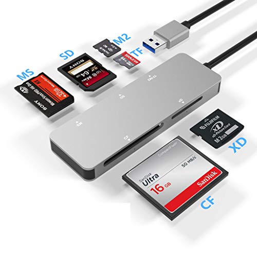 Rytaki USB3.0 Kartenleser, 6-in-1 Aluminium USB 3.0 Kartenleser, USB 3.0 Hochgeschwindigkeits TF/SD/MS/ M2/ XD/CF Speicherkarten Solt Combo Adapter, kompatibel mit Windows, Vista Mac OS von Rytaki