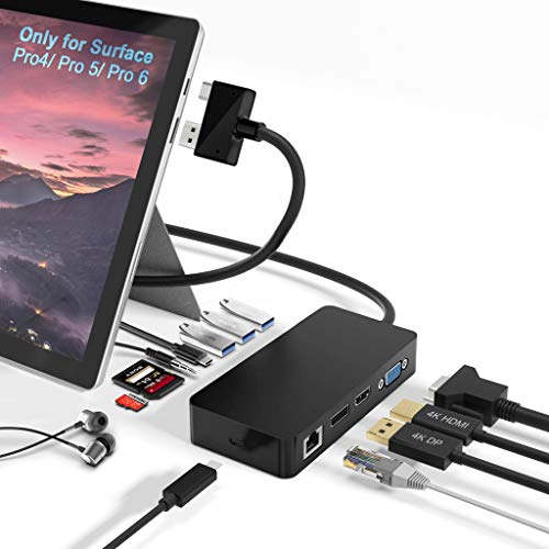 Surface Pro Dock für Surface Pro 4 / Pro 5 / Pro 6 USB-Hub-Dockingstation mit Gigabit-Ethernet, 4K-HDMI-VGA-DP-Display-Anschluss, 3xUSB 3.0, Audioausgang, USB C-Anschluss, SD/TF-Kartenleser von Rytaki