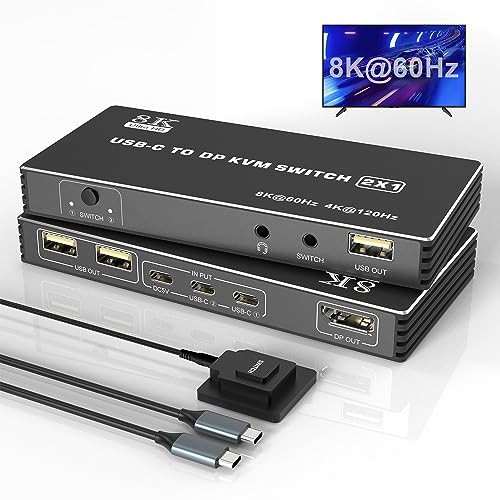 USB C KVM Switch 8K@60Hz 4K@120Hz, 2 Port Typ C KVM Switch für 2 Computer, 1 DisplayPort Monitor, USB C KVM mit 3 USB 2.0 Geräte und Mikrofon Audio, USB-C Umschalter für Thunderbolt und MacBook Pro von Rytaki