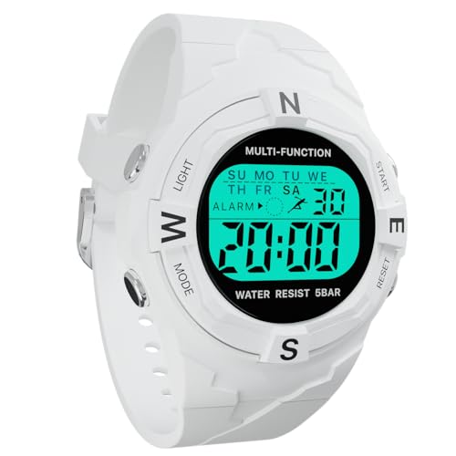 Rziawssa Kinder Digitaluhr Wasserdicht 50M, Jungen Mädchen Teenager Digitaluhr mit TPU Armband Geeignet für 4 bis 14 Jahre mit LED, Stoppuhr und Kalender (Weiß) von Rziawssa