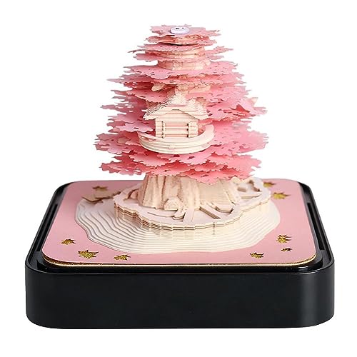 S-JIANG Schreibtischkalender mit Lichtern, 2024 Kalender 3D Memo Pad Papier Kunst Sakura Baum Kreative 3D Notizblock Papier Schnitzen Geschenk Desktop Dekoration, Rosa Baumhaus von S-JIANG