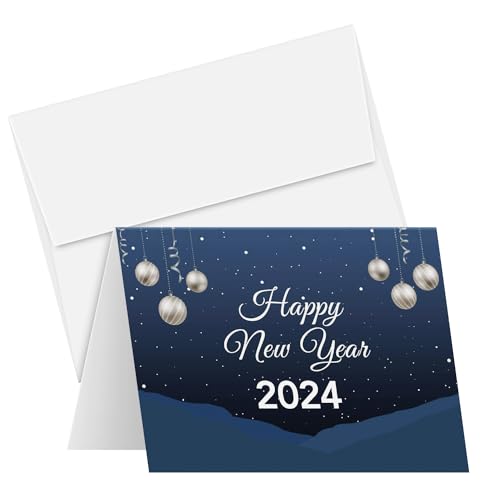 2024 Happy New Year Karten Set - Elegant Winter Blau Weihnachten, Neujahr, Urlaubsgrüße, Einladungen, Ankündigungen, Dankeschön | 5 x 7 (A7) | 10 Karten und 10 Umschläge pro Packung von S Superfine Printing