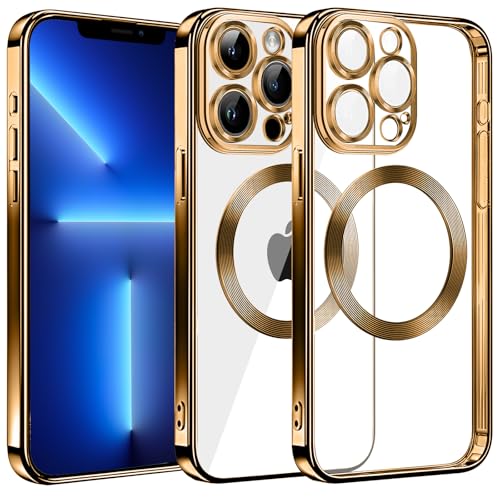 S. Dawezo Klare Magnetische Hülle für iPhone 13 Pro, kompatibel mit MagSafe Kabelloses Laden, Militärnorm Schutz, Kratzfest, Stoßfest, Schlanke Transparente Silikonhülle für iPhone 13 Pro Hülle, Gold von S. Dawezo