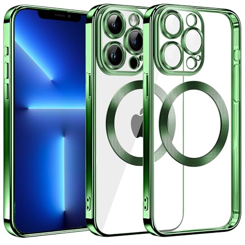 S. Dawezo Klare Magnetische Hülle für iPhone 13 Pro Max, kompatibel mit MagSafe Kabelloses Laden, Militärnorm Schutz, Kratzfest, Stoßfest, Schlanke Transparente für iPhone 13 Pro Max Hülle, Grün von S. Dawezo