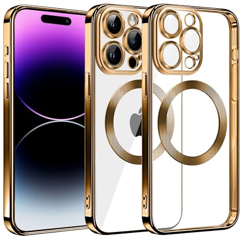 Klare Magnetische Hülle für iPhone 14 Pro, kompatibel mit MagSafe Kabelloses Laden, Militärnorm Schutz, Kratzfest, Stoßfest, Schlanke Transparente Silikonhülle für iPhone 14 Pro Hülle, Gold von S. Dawezo