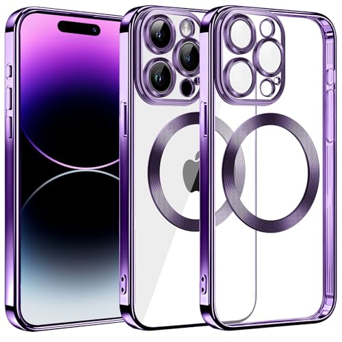S. Dawezo Klare Magnetische Hülle für iPhone 14 Pro, kompatibel mit MagSafe Kabelloses Laden, Militärnorm Schutz, Kratzfest, Stoßfest, Schlanke Transparente Silikonhülle für iPhone 14 Pro Hülle, Lila von S. Dawezo