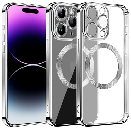 Klare Magnetische Hülle für iPhone 14 Pro, kompatibel mit MagSafe Kabelloses Laden, Militärnorm Schutz, Kratzfest, Stoßfest, Schlanke Transparente Silikonhülle für iPhone 14 Pro Hülle, Silber von S. Dawezo