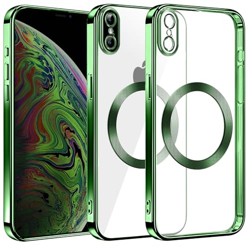 S. Dawezo Klare Magnetische Hülle für iPhone X/XS, kompatibel mit MagSafe Kabelloses Laden, Militärnorm Schutz, Kratzfest, Stoßfest, Schlanke Transparente Silikonhülle für iPhone X/XS Hülle, Grün von S. Dawezo