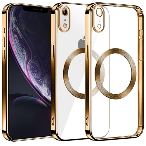 S. Dawezo Klare Magnetische Hülle für iPhone XR, kompatibel mit MagSafe Kabelloses Laden, Militärnorm Schutz, Kratzfest, Stoßfest, Schlanke Transparente Silikonhülle für iPhone XR Hülle, Gold von S. Dawezo