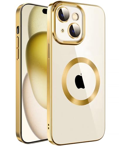 S. Dawezo Magnetisch für iPhone 15 Hülle, Kompatibel mit MagSafe, Militärnorm Schutz, Kratzfest, Stoßfest, Kameraschutz, Transparente HandyHülle Case für iPhone 15, Gold von S. Dawezo