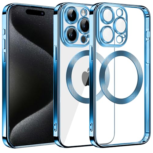 S. Dawezo Magnetisch für iPhone 15 Pro Hülle, Kompatibel mit MagSafe, Militärnorm Schutz, Kratzfest, Stoßfest, Kameraschutz, Transparente HandyHülle Case für iPhone 15 Pro, Blau von S. Dawezo