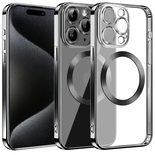 S. Dawezo Magnetisch für iPhone 15 Pro Max Hülle, Kompatibel mit MagSafe, Militärnorm Schutz, Kratzfest, Stoßfest, Kameraschutz, Transparente HandyHülle Case für iPhone 15 Pro Max, Schwarz von S. Dawezo