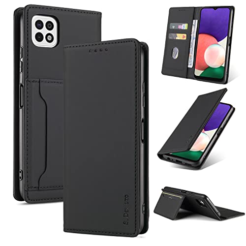 S. Dawezo Handyhülle für Samsung Galaxy A22 Hülle,Premium Leder Klappbare Flip Case [Stoßfeste][Magnetische][Standfunktion] [Kartenfächern] Tasche Schutzhülle Hull für Samsung Galaxy A22 4G-Schwarz von S. Dawezo