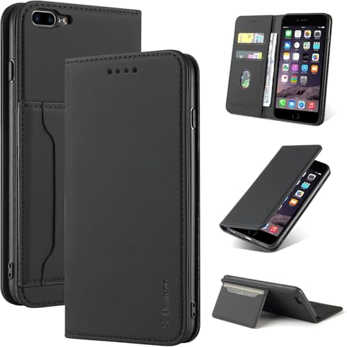 S. Dawezo Handyhülle für iPhone 8 Plus,iPhone 7 Plus Hülle Premium Leder Magnetische Klapphülle Kartenfach Stoßfeste schutzhülle Flip Case Cover kompatibel für iPhone 8 Plus,iPhone 7 Plus-Schwarz von S. Dawezo