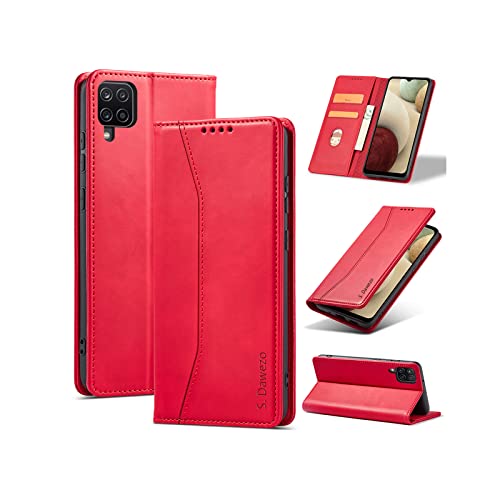 S. Dawezo Hülle für Samsung Galaxy A12, Premium Leder magnetische Handyhülle mit Ständer, Kartenfach und Brieftasche, Shock Absorbing, kompatibel mit Samsung A12/M12-Rot von S. Dawezo