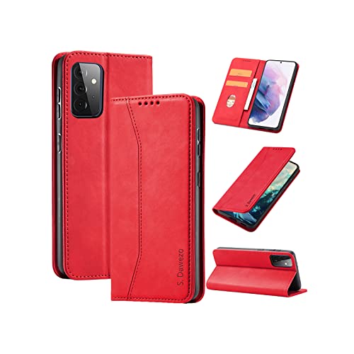 S. Dawezo Hülle für Samsung Galaxy A72, Premium Leder magnetische Handyhülle mit Ständer, Kartenfach und Brieftasche, Shock Absorbing, kompatibel mit Samsung A72-Rot von S. Dawezo