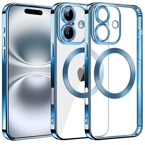 S. Dawezo für iPhone 16 Hülle 6,1 Zoll, Kompatibel mit MagSafe, Kameraschutz Vollständiger, Anti-Vergilbung, Kratzfest, Stoßfest, Durchsichtig Magnetisch Handyhülle für iPhone 16, Blau von S. Dawezo