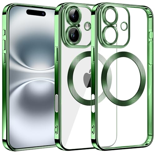 S. Dawezo für iPhone 16 Plus Hülle 6,7 Zoll, Kompatibel mit MagSafe, Kameraschutz Vollständiger, Kratzfest, Stoßfest, Durchsichtig Magnetisch Handyhülle für iPhone 16 Plus, Grün von S. Dawezo