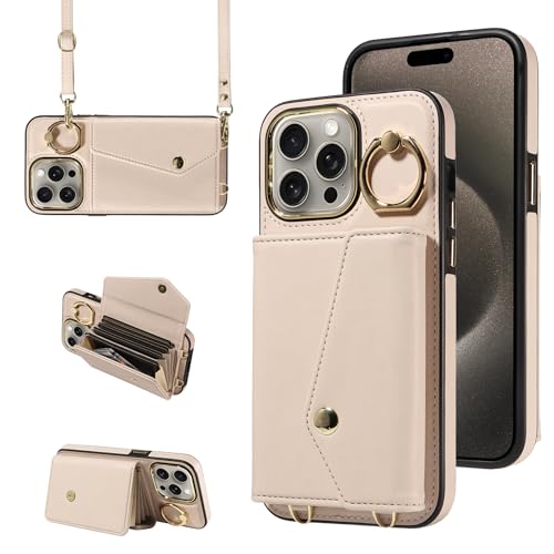 S. Tedazo Schutzhülle für iPhone 15 Pro Max (17 cm (6,7 Zoll), mit Riemen, um 360° drehbarem Ring, Kickstand und Kartenhalter, RFID-Blockierung, Leder, Geldbörsenhülle für iPhone 15 Pro Max (6,7 Zoll, von S. Tedazo