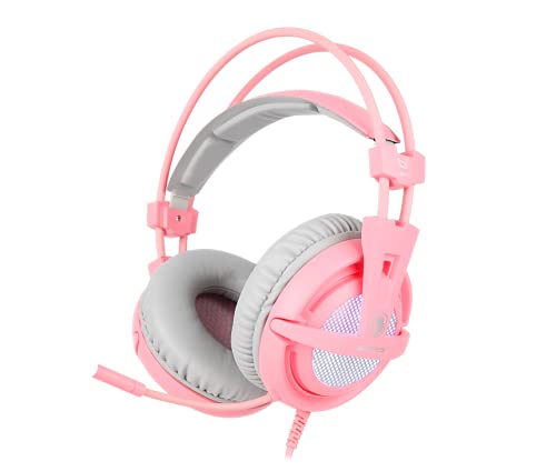 SADES A6 USB-Gaming-Headset, 7.1 Surround Sound PC, Gaming-Headset, mit Mikrofon mit Geräuschunterdrückung, LED-Lichter für Laptop, Computer und Konsolen (Rosa [Angel Edition]) von SADES