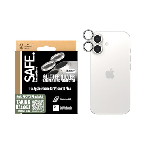 SAFE BY PANZERGLASS® Rings Kameraobjektivschutz für iPhone 16 | 16 Plus, Silberglitter, schlankes Profil - mit Montagehilfe für einfache Installation, keine Bildverzerrung, ultimativer Kameraschutz von SAFE BY PANZERGLASS