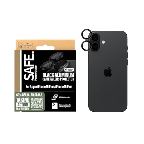 SAFE BY PANZERGLASS® Rings Kameraobjektivschutz für iPhone 16 | 16 Plus, schwarz, schlankes Profil - mit Montagehilfe für einfache Installation, keine Bildverzerrung, ultimativer Kameraschutz von SAFE BY PANZERGLASS