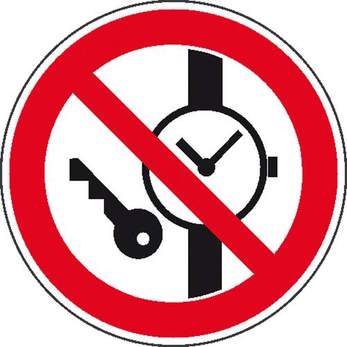 Verbotsschild Mitführen von Metallteilen oder Uhren verboten Folie selbstklebend (Ø) 100mm ISO 7010 von SAFETYMARKING