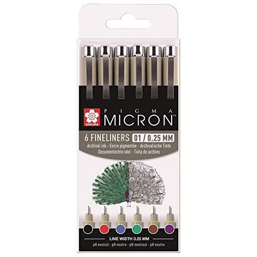 Pigma Micron Fineliners, 6 verschiedene Farben, 0,25 mm von SAKURA