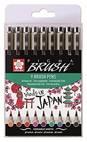 SAKURA POXSDKBR9 Set Pinselstift PIGMA Brush, 9er Etui, farbig Sortiert, 9 Stück (1er Pack) von SAKURA