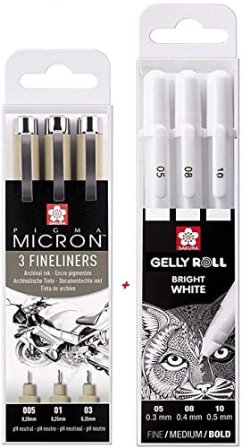SAKURA Pigma Micron 005 .01. 03 Gelly Roll WEISS, 3 Stifte Bright White im Etui, MIX-Size 05/08/10 von SAKURA