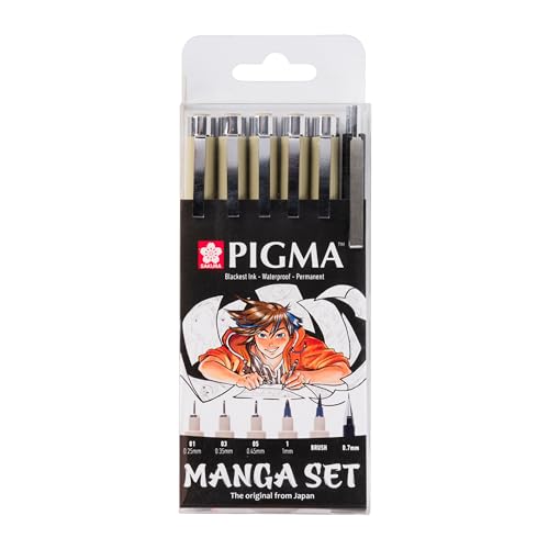 SAKURA Pigma Micron Fineliner Set Manga Collection | 6 Größen, schwarz (POXSDKMAN6) von SAKURA