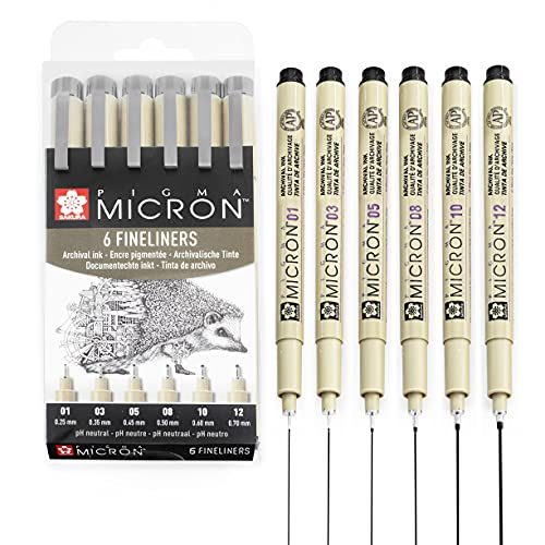 SAKURA Pigma Micron – Pigment-Fineliner-Stifte – schwarze Tinte – Brieftaschen-Sets (Fineliner x 6, Schwarz) von SAKURA