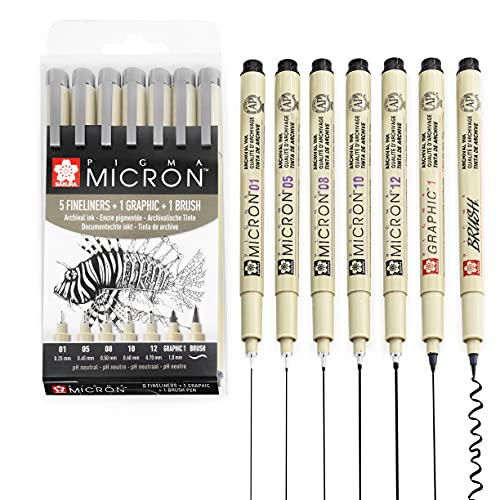 SAKURA Pigma Micron – Pigment-Fineliner-Stifte – schwarze Tinte – Brieftaschen-Sets (gemischt x 7, schwarz) von SAKURA