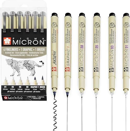 Sakura Pigma Micron Pigment Fineliner Stifte 01/03/05/08/Graphic/Pinsel, 6 Stück, schwarze Tinte Sakura Pigma Micron Pigment Fineliner Stifte 01/03/05/08/Graphic/Pinsel, 6 Stück, schwarze Tinte von SAKURA