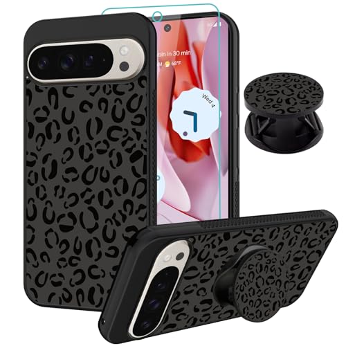 SAKUULO Kompatibel mit Google Pixel 9 / Pixel 9 Pro Hülle, [Displayschutzfolie und Ständer] Schwarzes Leoparden-Design, Reifenstruktur, rutschfest, stoßfest, ultradünne Schutzhülle für Damen und von SAKUULO