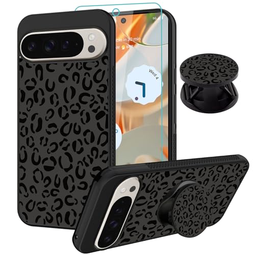 SAKUULO Kompatibel mit Google Pixel 9 Pro XL Hülle, [Displayschutzfolie und Ständer] Schwarzes Leoparden-Design, Reifenstruktur, rutschfest, stoßfest, ultradünne Schutzhülle für Damen und Mädchen von SAKUULO
