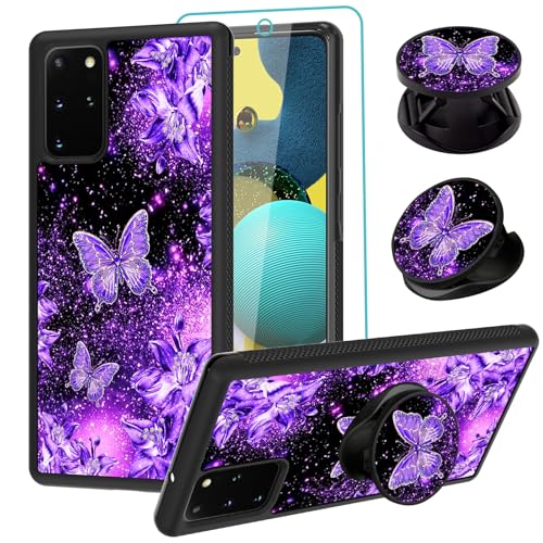SAKUULO Kompatibel mit Samsung Galaxy A51 5G Hülle, [Displayschutzfolie und Ständer] Lila Schmetterling Lila Blumen Design, Reifenstruktur, rutschfest, stoßfest, ultradünne Schutzhülle, 16,5 cm (6,5 von SAKUULO