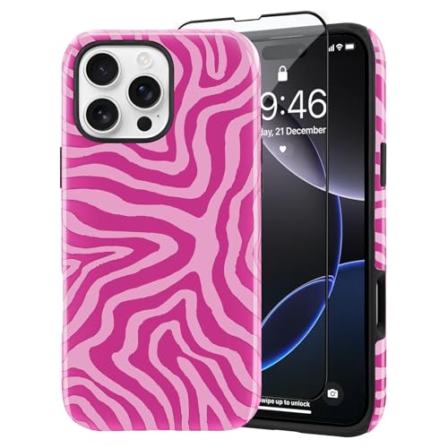 SAKUULO Magnetisch für iPhone 16 Pro, Hot Pink, Ozeanwellen-Druckmuster [kompatibel mit MagSafe], kabelloses Laden, stärkende Schutzhülle, Hot Pink Ocean Waves (6,3 Zoll) von SAKUULO