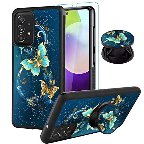 SAKUULO Schutzhülle für Samsung Galaxy A52 5G, [Displayschutzfolie + Ständer] blaues Schmetterlings-Design, Reifenstruktur, rutschfest, ultradünn, Schutzhülle für Galaxy A52 5G 6.5 Zoll (2021) von SAKUULO