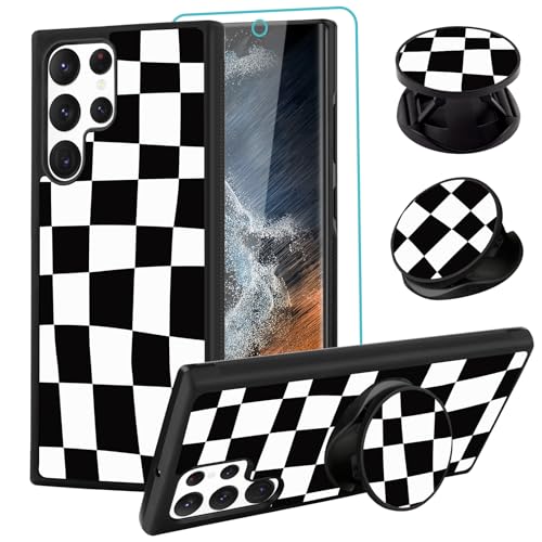 SAKUULO Kompatibel mit Samsung Galaxy S22 Ultra Hülle, [Displayschutzfolie und Ständer] Schwarz kariert, ästhetisch, niedliches Design, Reifenstruktur, rutschfest, stoßfest, ultradünne Schutzhülle, von SAKUULO