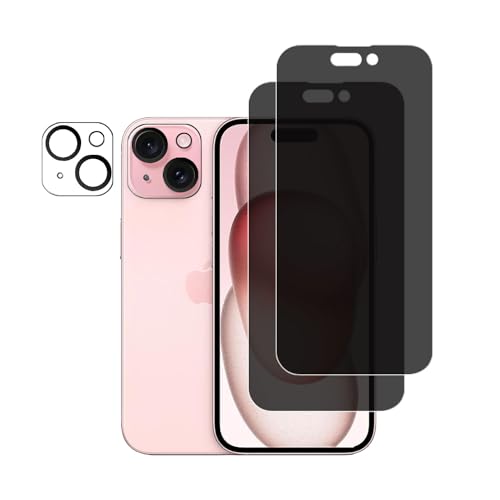 SALMERB [2 + 2 Pack] iPhone 15 Sichtschutz und Kameralinsenschutz, Anti-Spionage-Displayschutz, Glasschutz, Härtegrad 9H, gehärtetes Glas, kratzfest, transparent schwarz von SALMERB