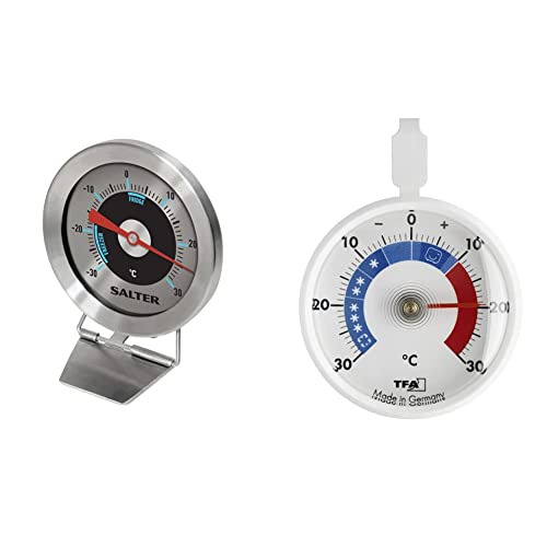 Salter Kühlschrank-Thermometer Analog - mit Temperaturbereich -30 bis 30°C - rund aus Edelstahl Gehäuse & Bimetall Sensor für exakte Ergebnisse & TFA Dostmann Analoges Kühlthermometer, 72x2 x95 mm von SALTER