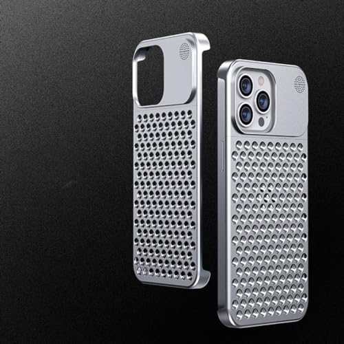 Metall-Wärmeableitungs-Telefonhülle für iPhone 13 12 14 15 Pro Max Plus, kühlende, randlose, Hohle, stoßfeste Aluminium-Hülle, Silber, für iPhone 14 Promax von SAMEZA