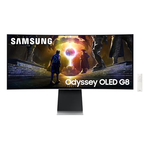 Samsung Odyssey G85SD Curved Gaming Monitor, 34 Zoll, Bildschirm mit QD-OLED-Panel, UWQHD, 3440 x 1440 Pixel, AMD Freesync Premium Pro, Reaktionszeit 0,03 ms, Bildwiederholrate 175 Hz, LS34DG850SUXEN von Samsung