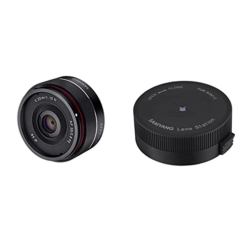 Samyang 35/2,8 Objektiv DSLR Autofokus Sony E Vollformat Fotoobjektiv Lichstärke F2.8, schwarz + Lens Station für Sony E AF Objektive, ermöglicht System Upgrade von SAMYANG