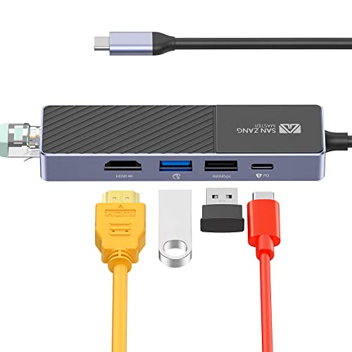 USB C Hub,5-Port USB Hub 3.0 mit HDMI 4K Adapter,60W Power Delivery,Tragbarer Reise-USB-Hub mit Ethernet-Port,USB 3.0&2.0 Anschlüsse für MacBook Pro/Air, Windows, Mac OS, Mobile HDD von SAN ZANG MASTER
