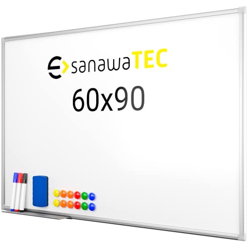 SANAWATEC Whiteboard magnetisch (90 x 60 cm) magnettafel Magnetwand beschreibbar mit Alurahmen Pinnwand Tafel inklusive 3 Whiteboard Stifte, 12 Magnete und Schwamm trocken abwischbar von SANAWATEC